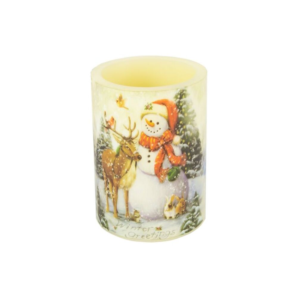 Holiday Winter Greetings Flameless 4-Inch Pillar Candle in White
